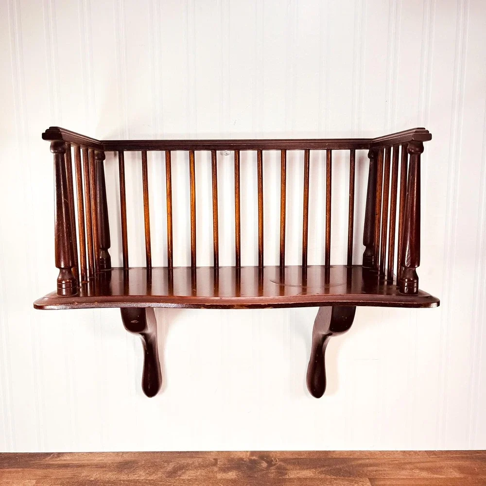Rare‎ Vintage Fiddle Rail Shelf: Mahogany Wooden Book Rack